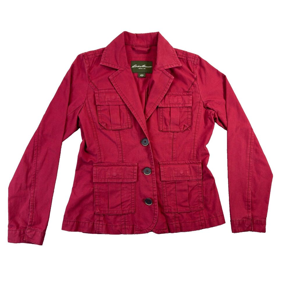 Eddie Bauer Jacket Womens Medium Red Cotton Utility Safari Field Pockets Casual